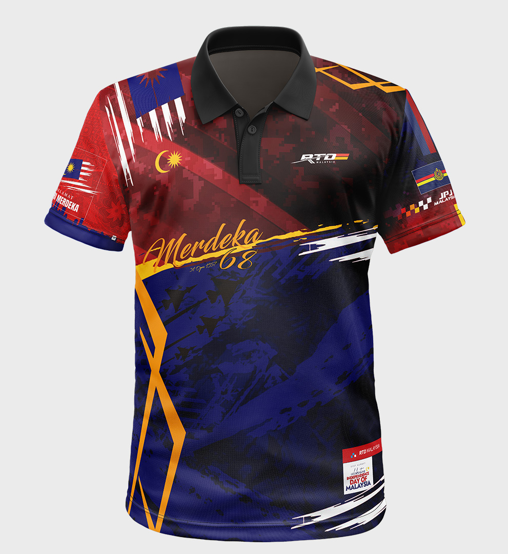 Eight shirts arranged on table in black, olive, grey, blue, white, red, mustard, and green.